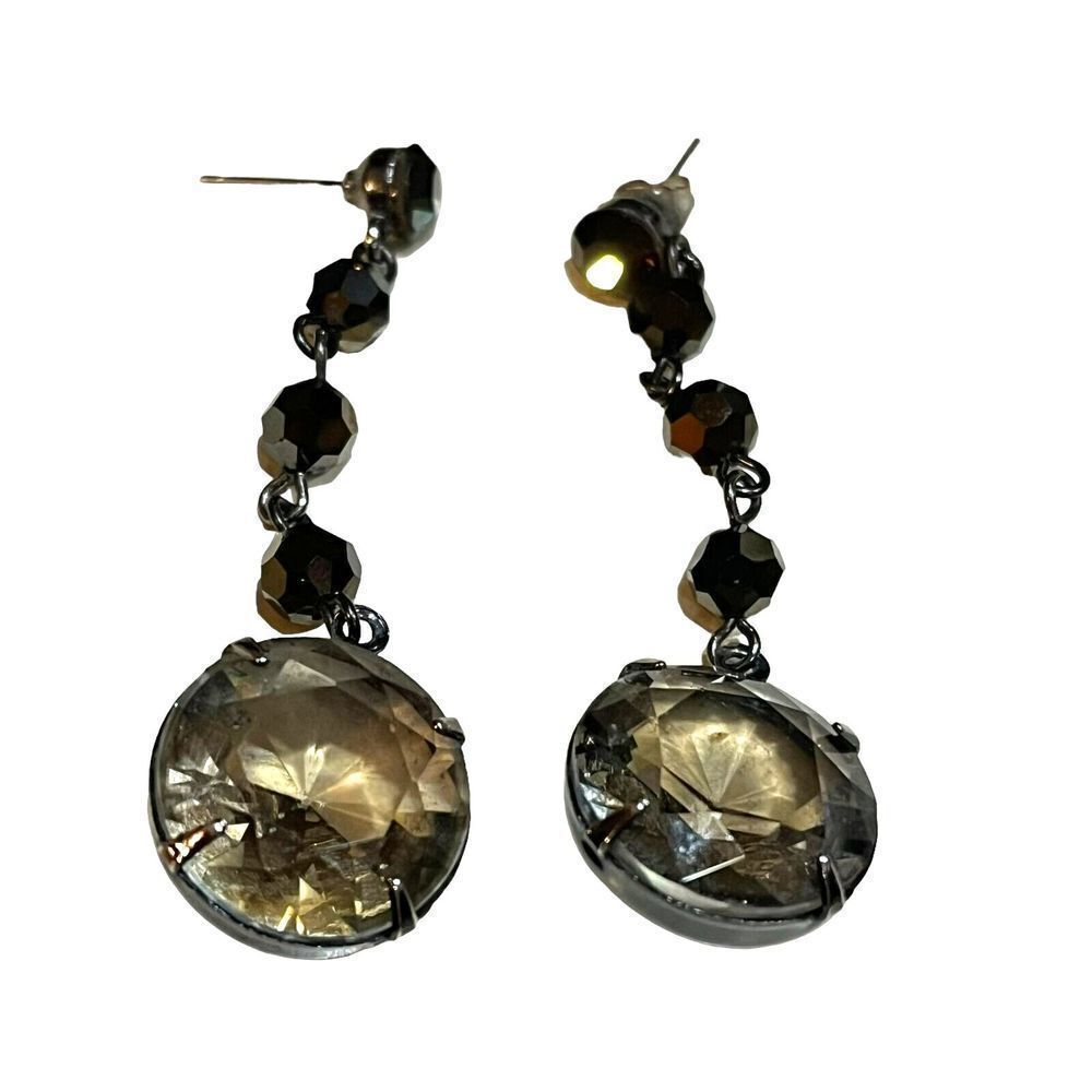 Silver Tone Dangle Drop Earrings with 2pcs Big & 8pcs Small Round Rhinestones